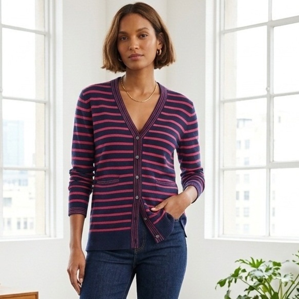J.Crew Cardigan Sweater Women Small Navy Pink Striped Metallic Trim Button Front
